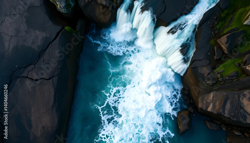 Fototapeta Naklejka Na Ścianę i Meble -  Aerial view of beautiful waterfall landscape nature travel destination scenic blue water rocks and moss outdoor