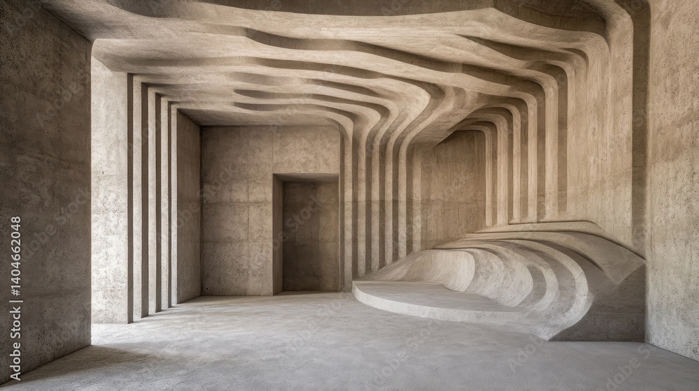 Fototapeta premium Abstract interior architecture with curved concrete walls and seating.