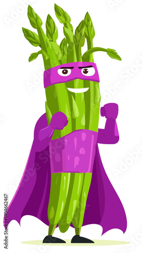 Cheerful Asparagus Superhero Vector: Farm Vegetable Defender with Purple Cape and Mask