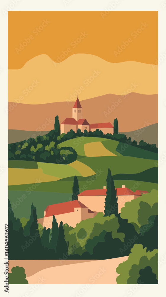 Naklejka premium Vintage Travel Poster of Bourgogne-Franche Landscape with Rolling Hills and Village