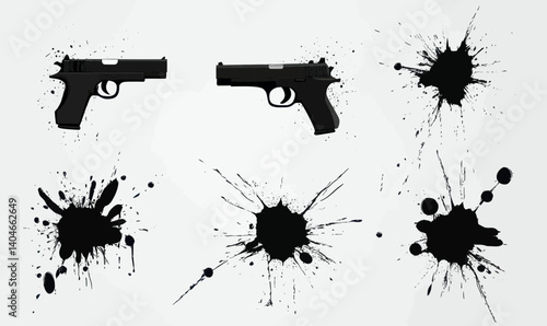 Vector Gun Silhouettes with Bullethole and Splatter Elements for Target Practice Design