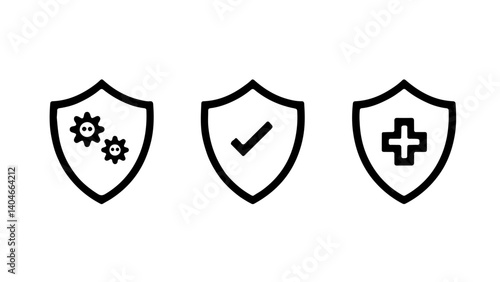 A set of three shield icons representing germ protection, security verification, and medical safety in a clean, minimal outline style.