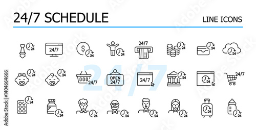 24 7 working schedule, support and service. Open all days a week. Vector icons set