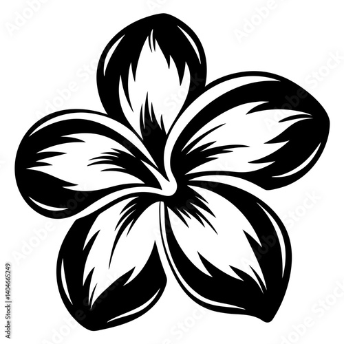 A Striking Black and White Illustration of a Plumeria Flower with Detailed Petals