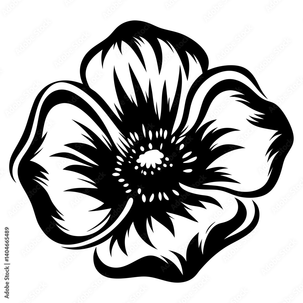 Bold Black and White Floral Illustration of a Single Poppy Flower with Detailed Petals and Center