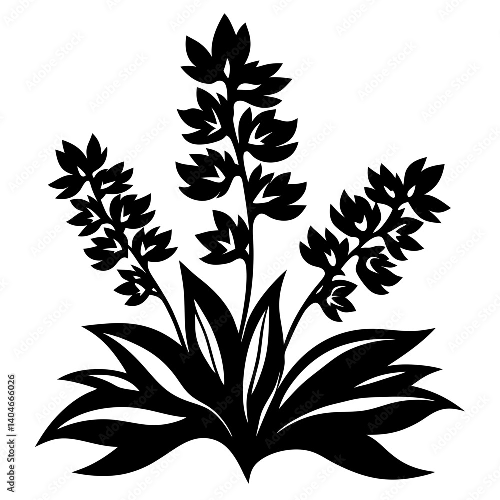 Naklejka premium Stylized Black and White Floral Illustration of Three Blooming Plants with Lush Foliage
