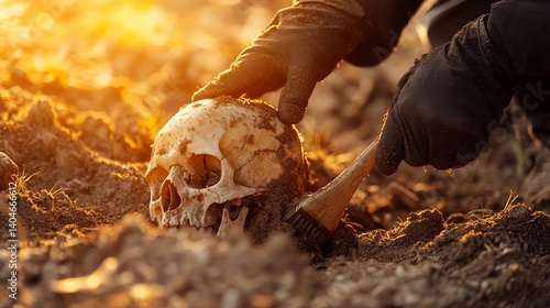 Excavating Human Skull with Brush at Archaeological Dig Site Outdoors