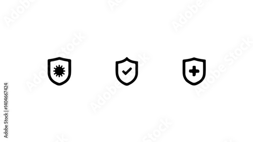 Vector illustration of shields symbolizing antivirus defense, secure verification, and healthcare protection in modern flat design.