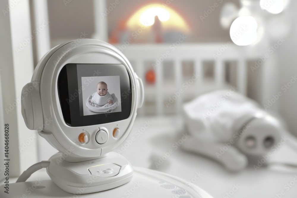 Baby monitor in nursery showing sleeping infant in crib during daytime