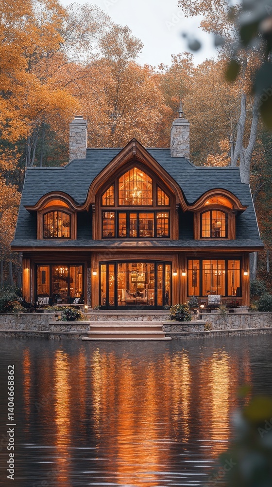Obraz premium Lakefront house with autumn foliage. Warm lights glow from the windows, reflecting in the water
