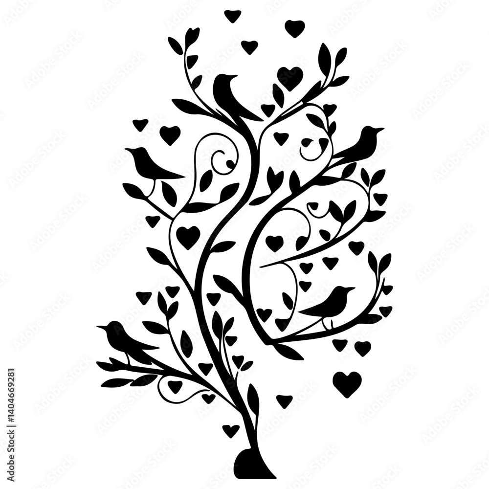 Obraz premium Elegant Silhouette: Birdsong, Hearts, and Flourishes