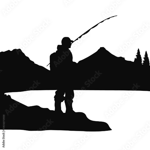 vector silhouette of a fisherman