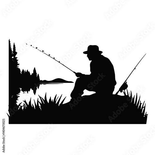 vector silhouette of a fisherman