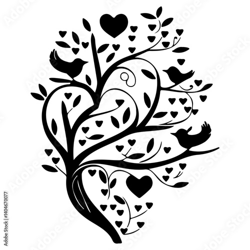 Silhouette Tree of Love with Birds and Hearts