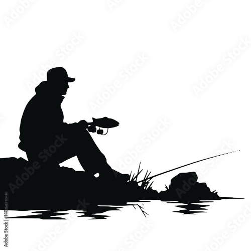 vector silhouette of a fisherman