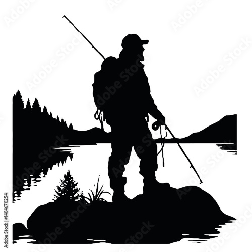 vector silhouette of a fisherman