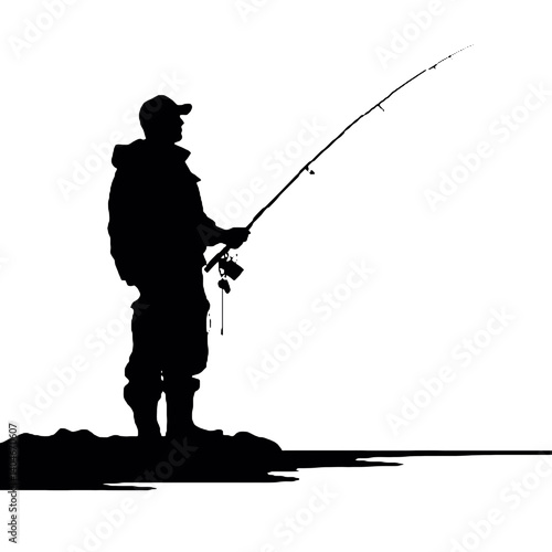 Silhouette of a person fishing by a lake
