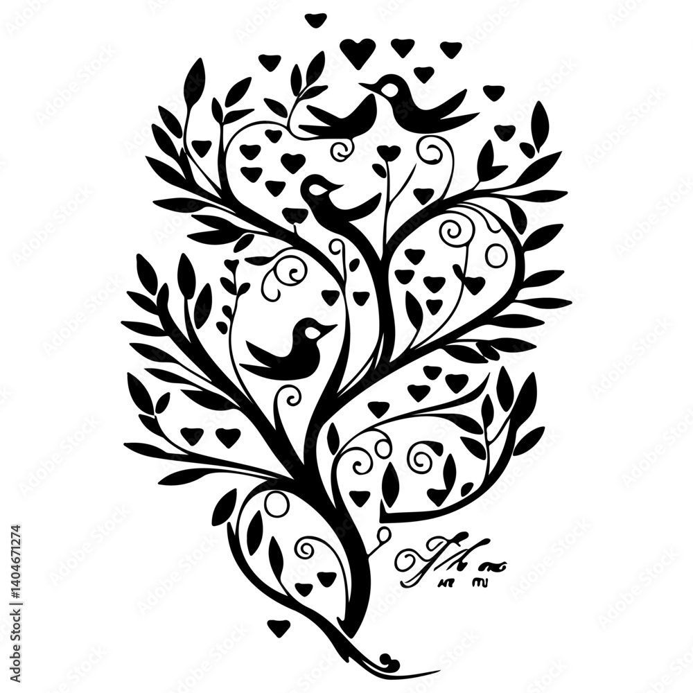 Obraz premium Stylized tree silhouette with heart-shaped leaves