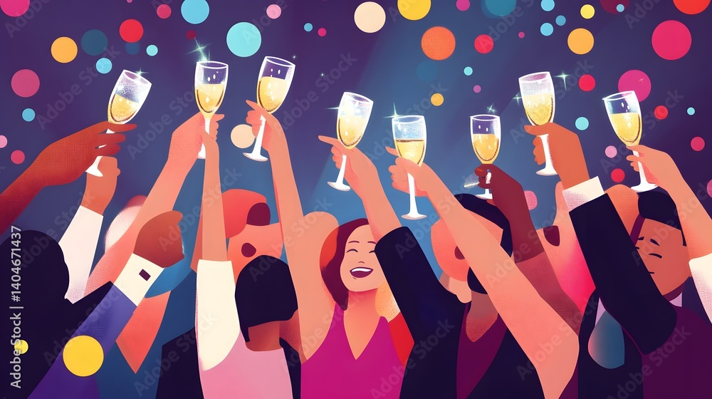 A group of people raising glasses in celebration at a wedding reception A group of people raising glasses in celebration at a wedding reception