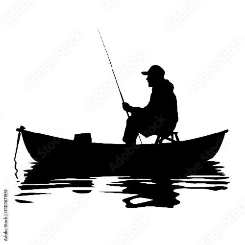 A black silhouette of a man fishing, with a  a fishing rod.