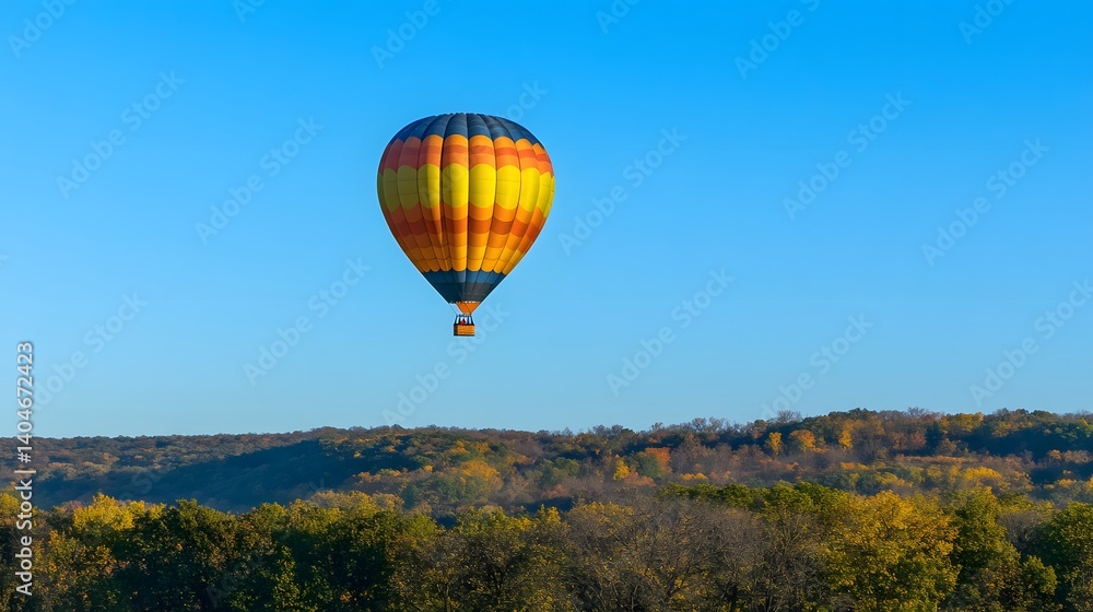 Obraz premium A hot air balloon ascending into a clear blue sky over rolling hills