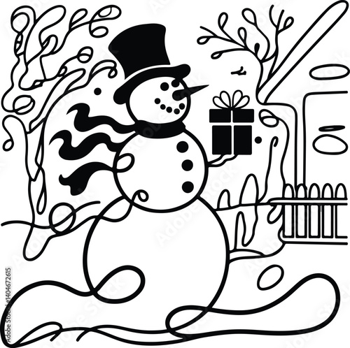 Snowman and House Line Art Silhouette | Winter Holiday Vector Set Minimal Snowman with Home Line Drawing | White Background Silhouette