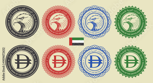Vector graphic set of financial fictional seals. Round icons with UAE dirham new symbol, falcon, eagle or hawk head. Arabic inscription means central bank of United Arab Emirates