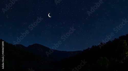 A serene night sky filled with stars and a glowing crescent moon