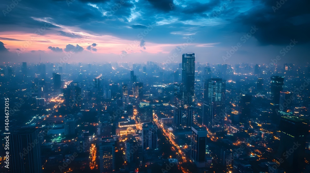 Obraz premium A dreamlike cityscape illuminated by soft glowing lights under a dark sky