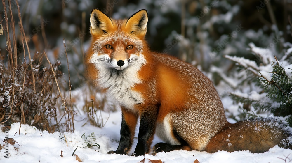 Obraz premium Red fox sitting in the snow looking into the camera