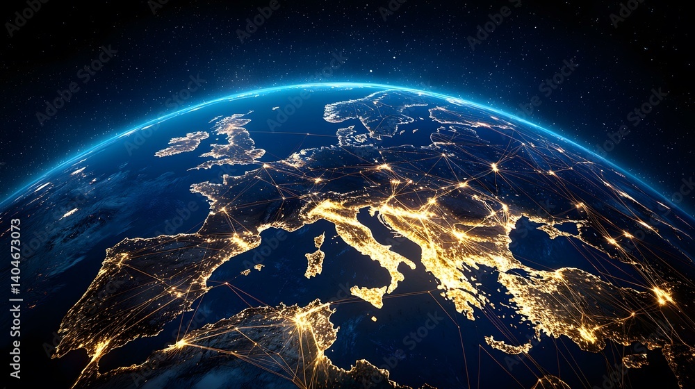 Obraz premium The image shows a nighttime view of Europe from space, highlighting the major cities and their interconnectedness through a network of glowing lines representing communication and transportation rout