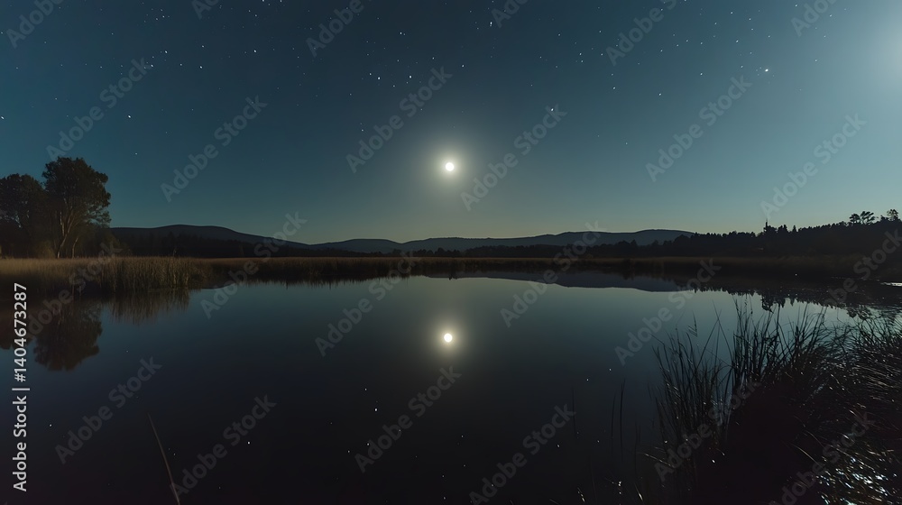 Fototapeta premium A peaceful lake reflecting the moon and starry sky above
