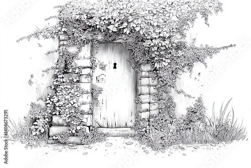 enchanting, overgrown stone doorway covered in ivy and foliage, exuding mystery and charm