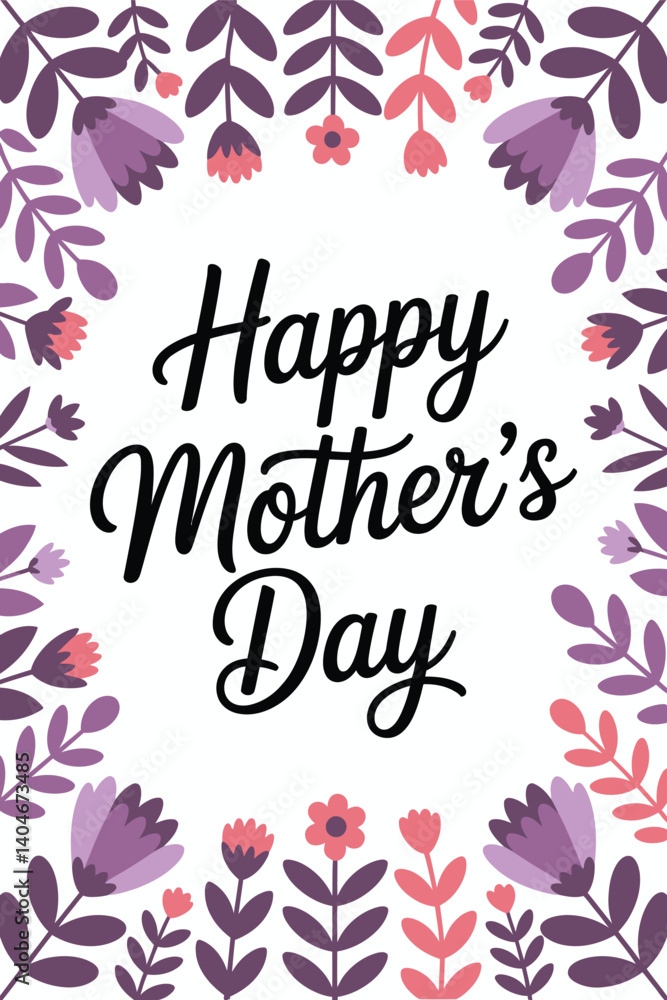Obraz premium Elegant Purple Floral Frame Vector – Happy Mother’s Day with Soft Patterned Background. Happy Mother's Day, art template for Mothers Day greetings, ads, sales and decoration