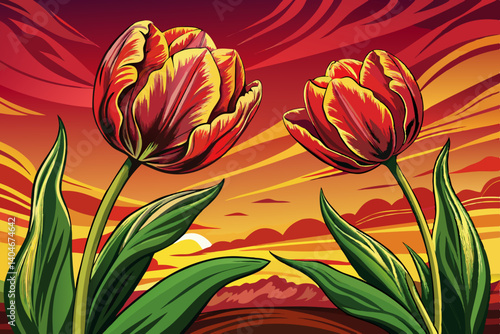 Beautiful bright colorful multicolored vector blooming tulips on a large flowerbed in the city garden landscape at sunset time