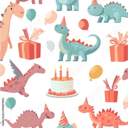For a birthday party, consider a seamless pattern of cartoon cute dinosaurs, including baby dino with balloons and cake, as part of a Jurassic colorful animals and prehistoric kids collection that