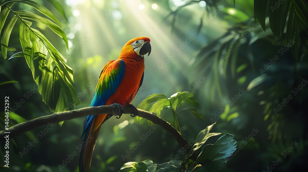 Obraz premium Tropical birds perched on branches in a lush rainforest