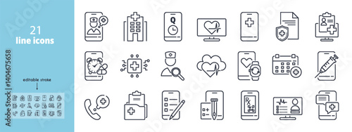 Digital healthcare and telemedicine line icon set: remote monitoring, find doctor, online queue, appointment history, health cloud storage, prescription, medical chat. Editable strokes.