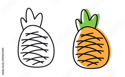 Tropical summer fruit pineapple isolated on white background. Pineapple cartoon vector icon. isolated element, Illustration for print, logo, banner. line art