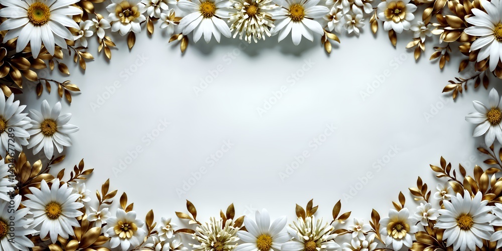 White Daisies and Gold Leaves Frame on Light Gray Background White Daisies and Gold Leaves Frame on Light Gray Background