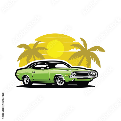 Classic muscle car in beach vector illustration isolated