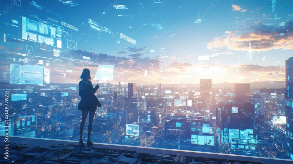 Woman silhouetted against futuristic city, data streams swirling around Woman silhouetted against futuristic city, data streams swirling around
