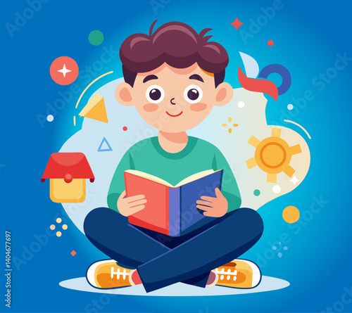 little boy reading a book, Cartoon boy reading a book with a colorful, educational background. Ideal for school, kids’ learning, and study-related design