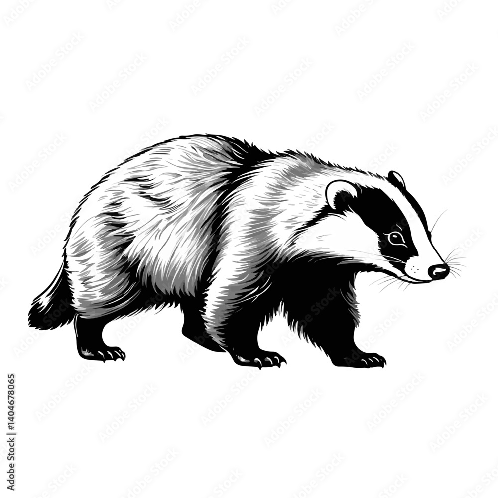 Fototapeta premium Black and white illustration of a badger walking in a natural setting near woods