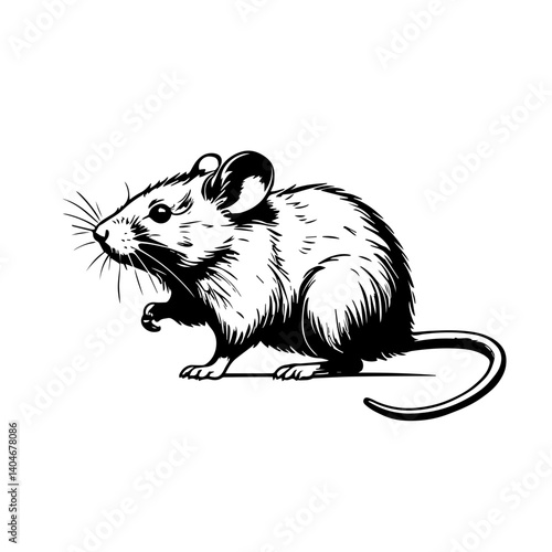 Detailed black and white illustration of a mouse showcasing its features in a natural pose