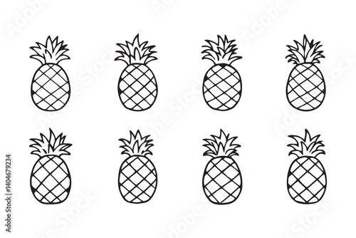 Set of 6 pec in two row  Pineapple line art on white background