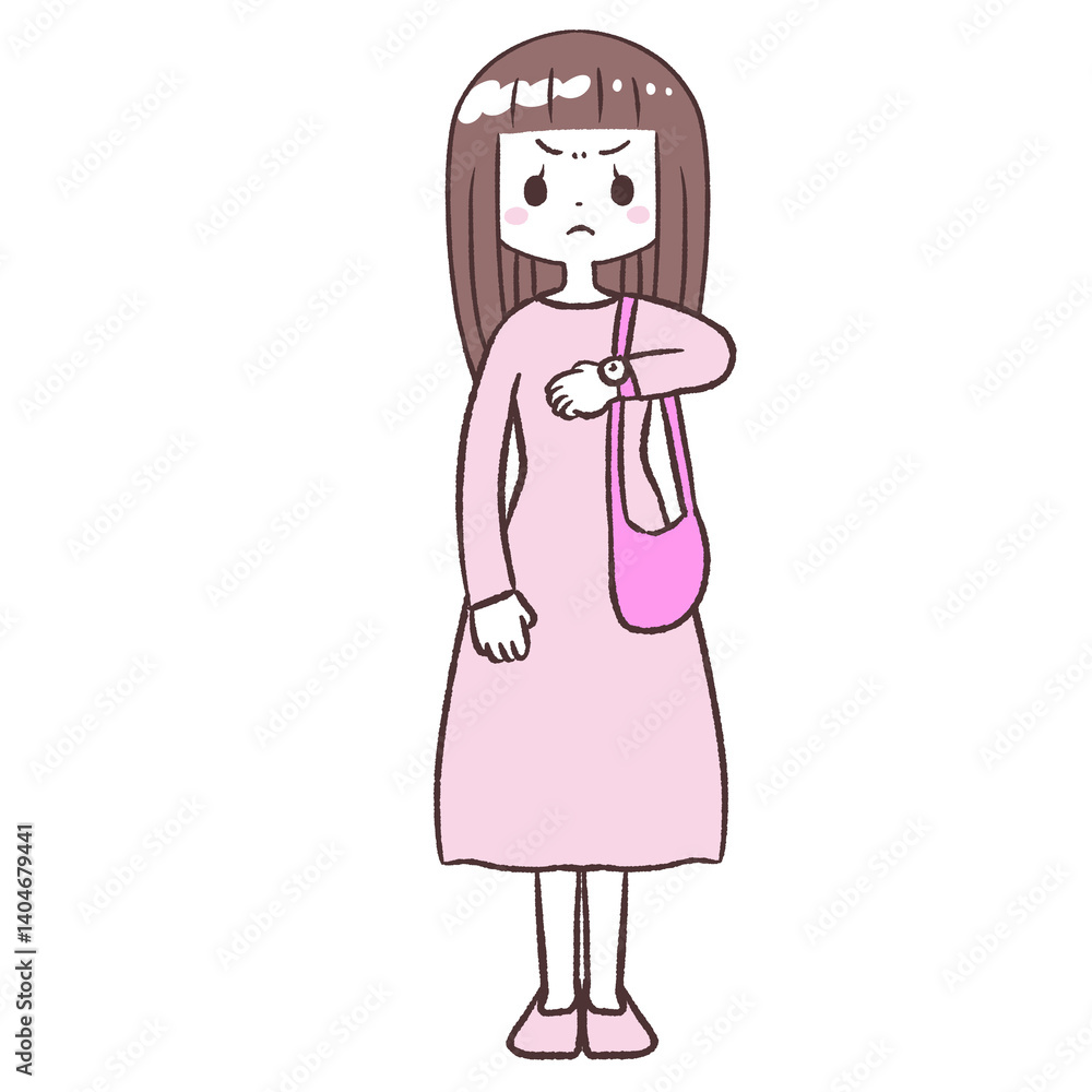 時間にイライラするロング女子イラスト 時間にイライラするロング女子イラスト