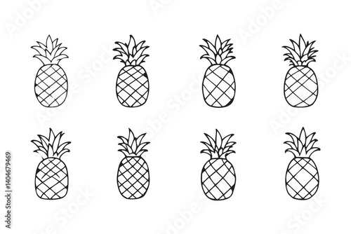 Set of 6 pec in two row  Pineapple line art on white background