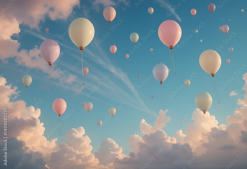 Naklejka premium Dreamy Sky Filled with Pastel Balloons Floating Among Soft Cumulus Clouds