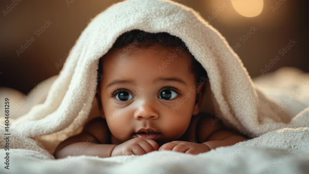 Adorable Baby Peeks Out From Under a Soft White Towel: A Portrait of Comfort, Warmth, and Security. Perfect for Baby Product Ads or Family-Themed Content Adorable Baby Peeks Out From Under a Soft White Towel: A Portrait of Comfort, Warmth, and Security. Perfect for Baby Product Ads or Family-Themed Content